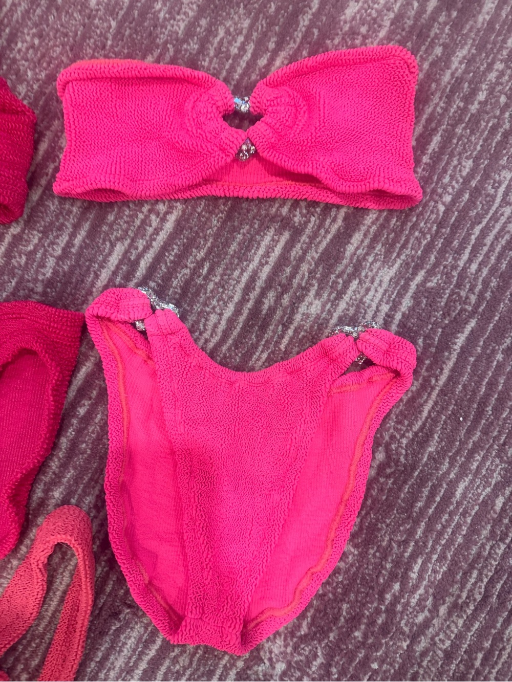 Hunza G Hot Pink Textured Two-Piece Bikini with Glitter Heart Rings